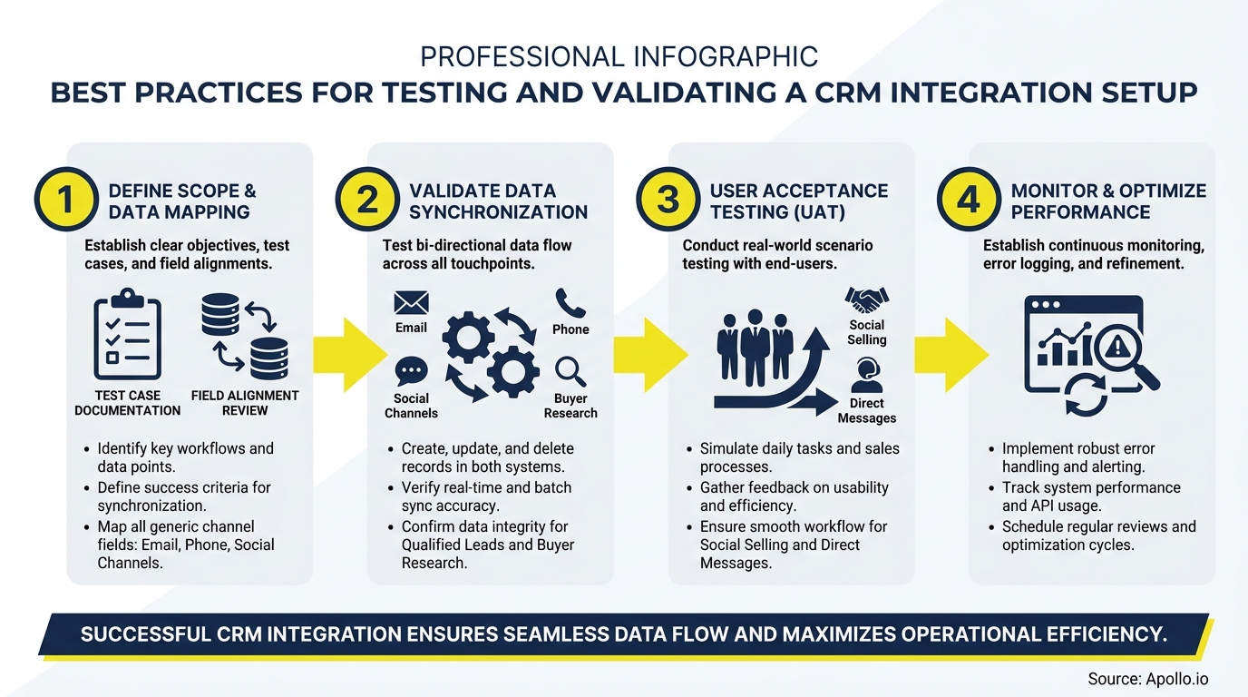Infographic details four steps for CRM integration setup testing, featuring data and user icons.