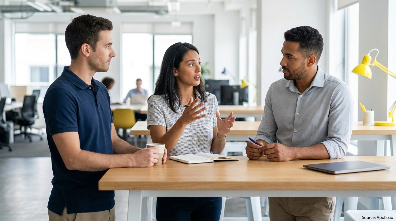 Three colleagues discuss standing at a high table in a bright modern office.