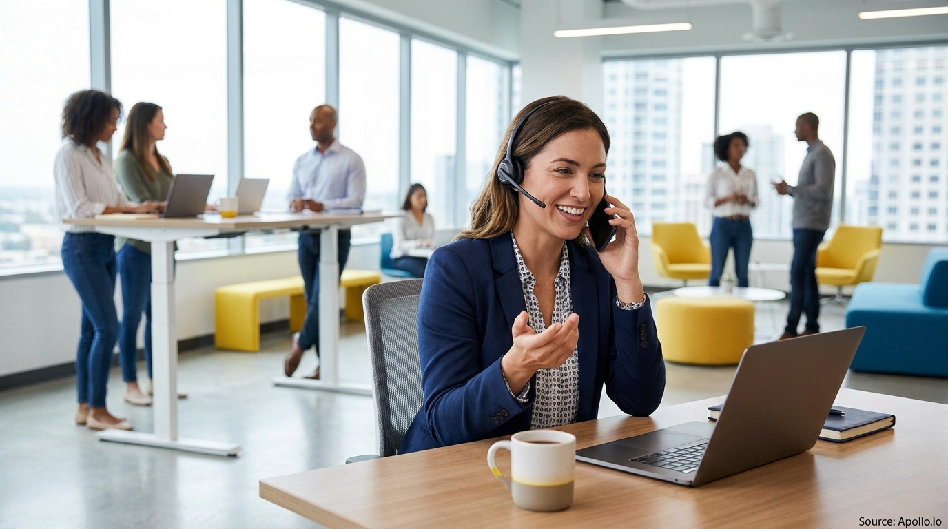 Smiling woman with headset on phone at laptop, other professionals work in a modern office.