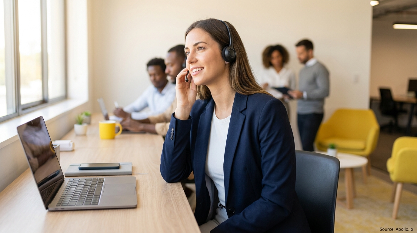 A smiling woman in a headset takes a call at a desk in a modern office.
