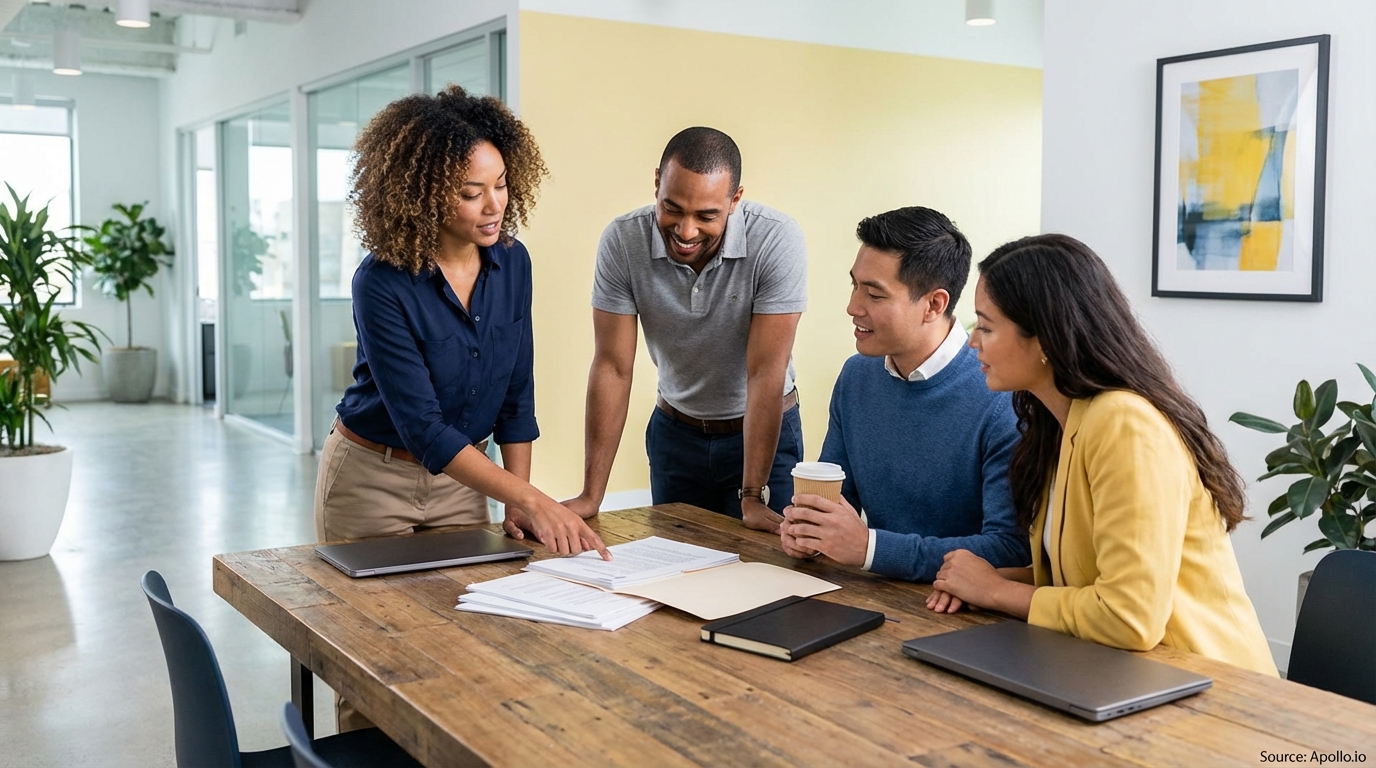 Four colleagues discuss documents around a wooden table in an open office space.