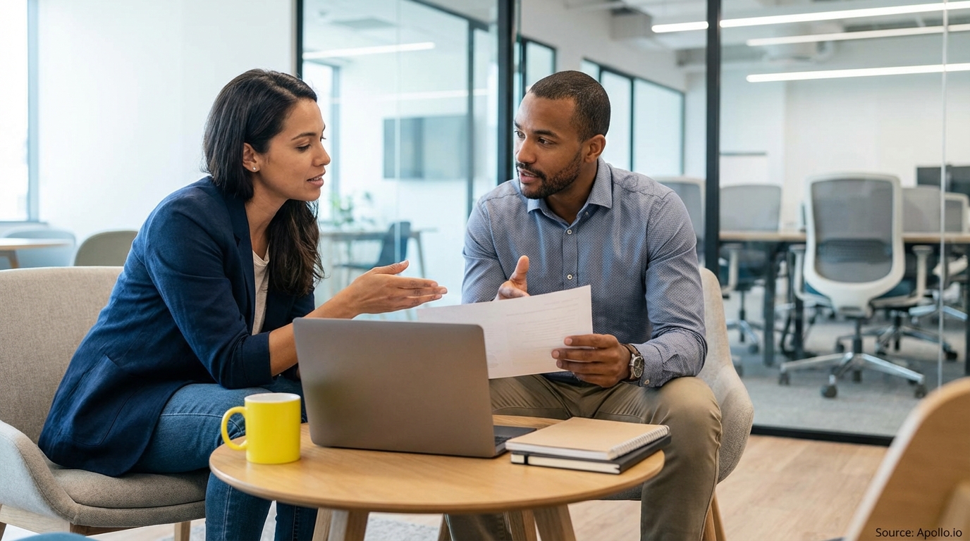Two professionals discuss documents and a laptop in a modern office lounge.