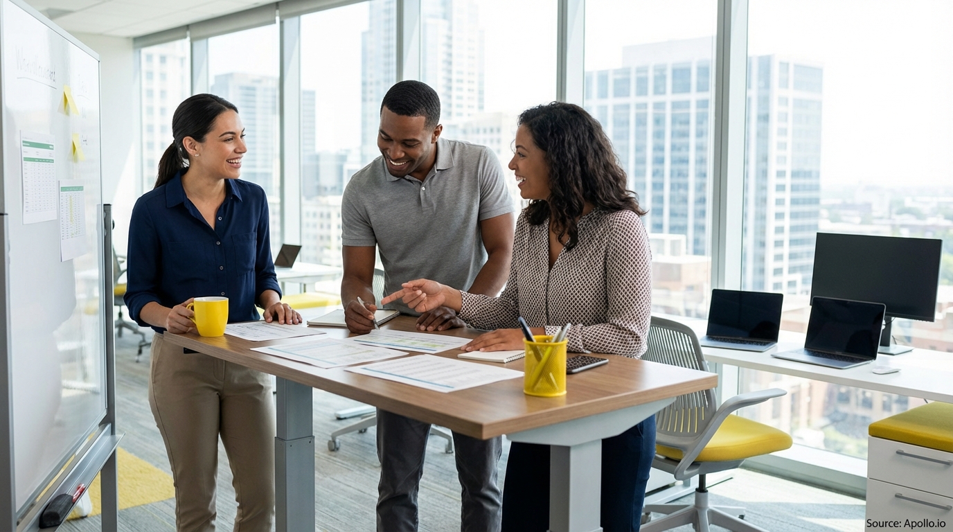 Sales team collaborating in a modern open-plan office in a sales team meeting