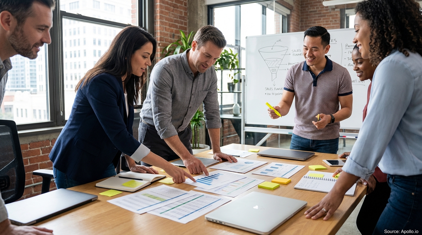 Sales professionals discussing strategy around a conference table in a sales team meeting
