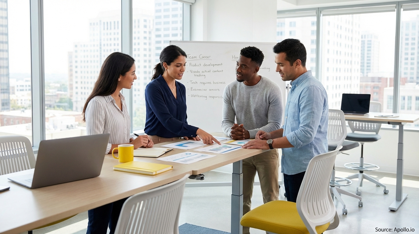 Sales team collaborating in a modern open-plan office reviewing lead generation strategies