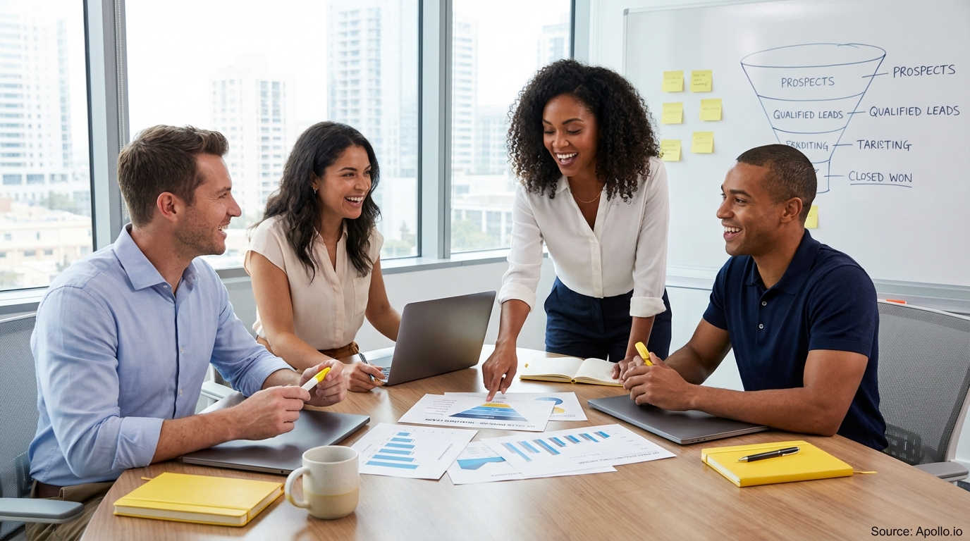 Sales professionals discussing strategy around a conference table reviewing lead generation strategies