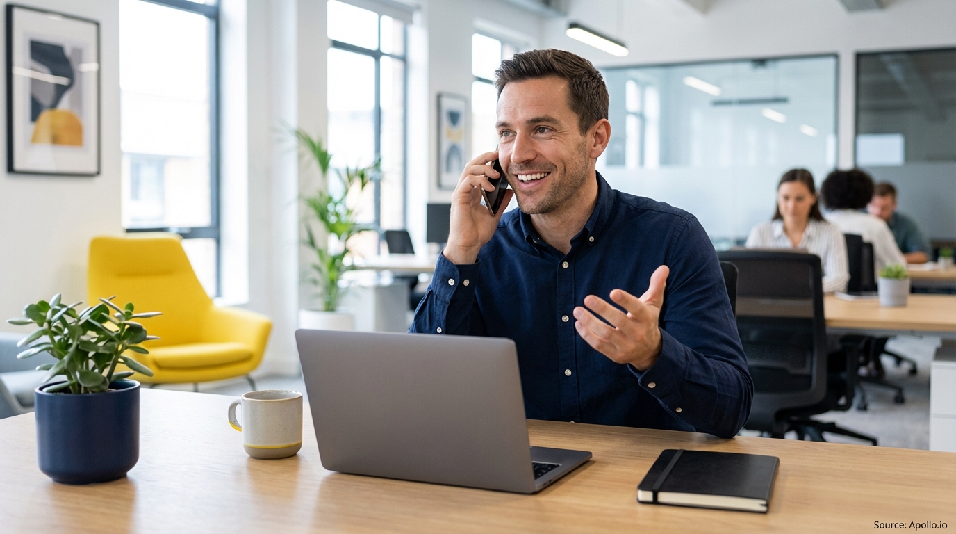 Smiling man talks on phone at bright office desk with laptop, other people working in background.