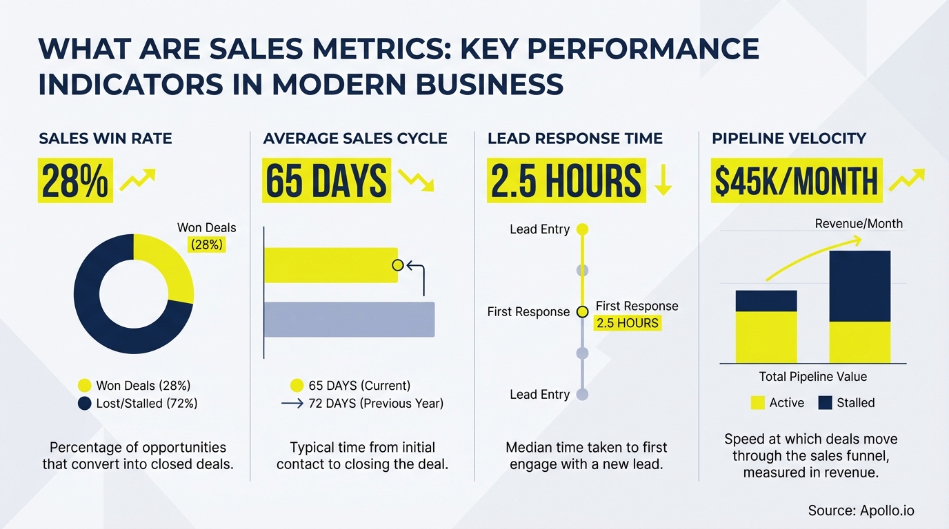 Infographic displaying four key sales metrics: sales win rate, average cycle, lead response time, and pipeline velocity.