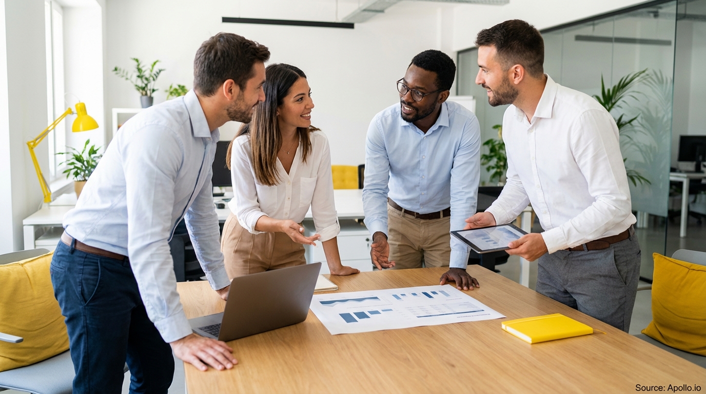 Four diverse professionals collaborate around a table, reviewing data on documents, a laptop, and a tablet.