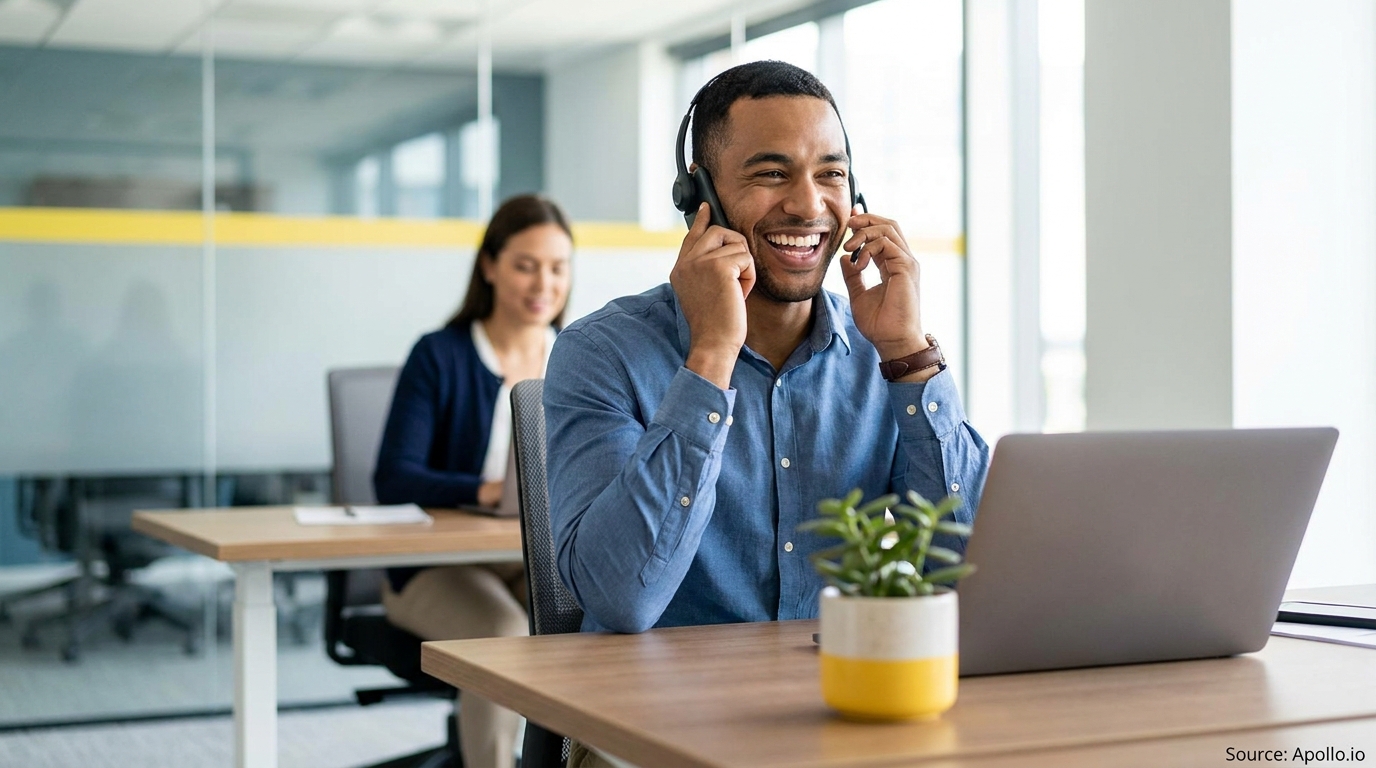 Smiling man on a headset talks on the phone at an office desk, while a woman works in the background.