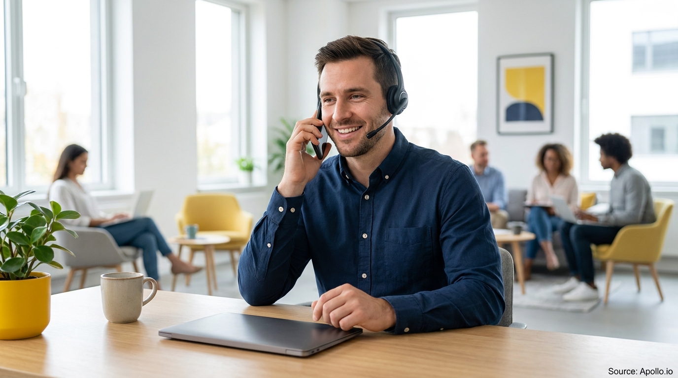 Man with headset talks on phone at desk, smiling, with colleagues working in a modern office.