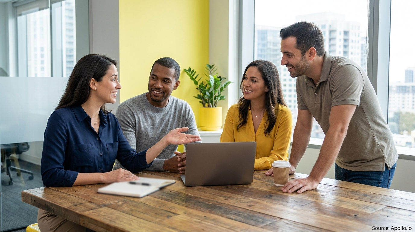 Four smiling people engaging in a conversation around a laptop in a modern office.