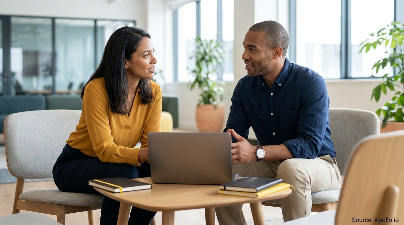 Two colleagues discuss work on a laptop in a contemporary office setting.