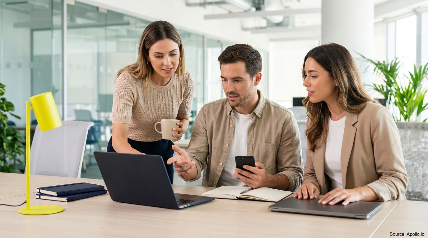 Three professionals discuss content on a laptop in a modern office.