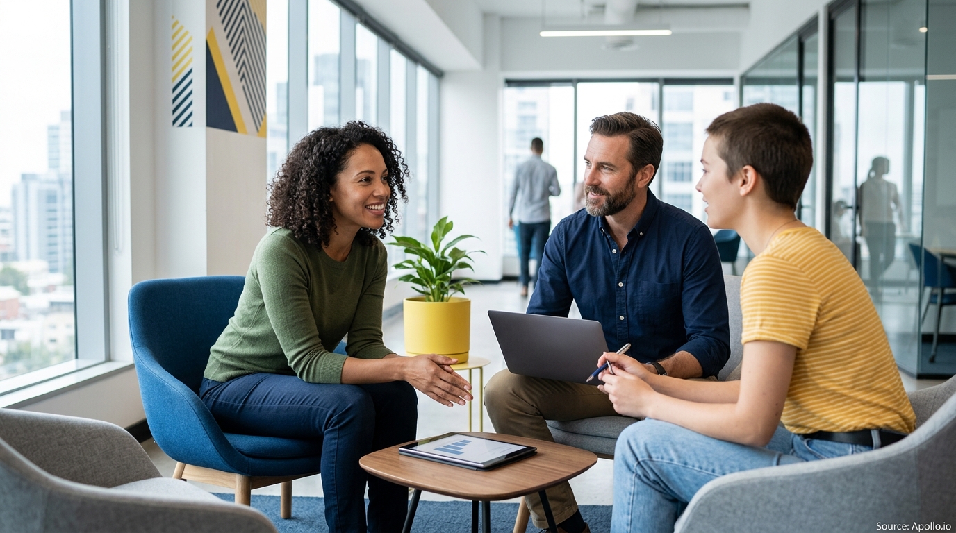Three colleagues hold an informal meeting with a laptop and tablet in a bright, modern office.