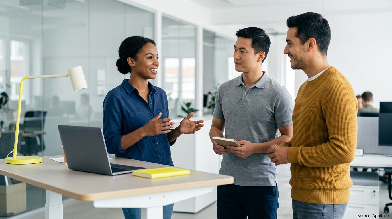 Three professionals discuss work around a standing desk with a laptop in a bright, modern office.