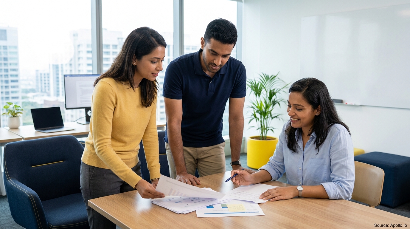 Three professionals collaborate over documents at a modern office table with city views.