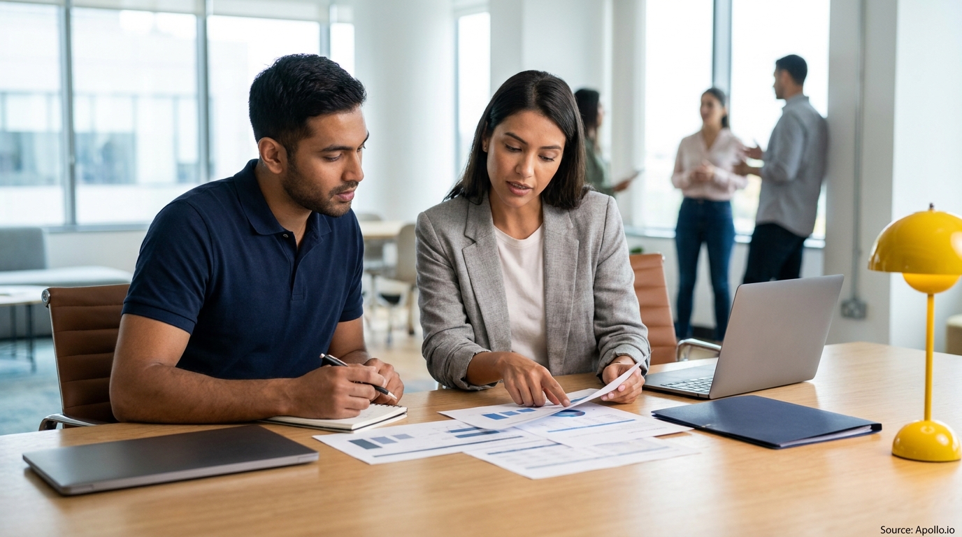 Two professionals review charts at a desk while two colleagues talk in a bright modern office.