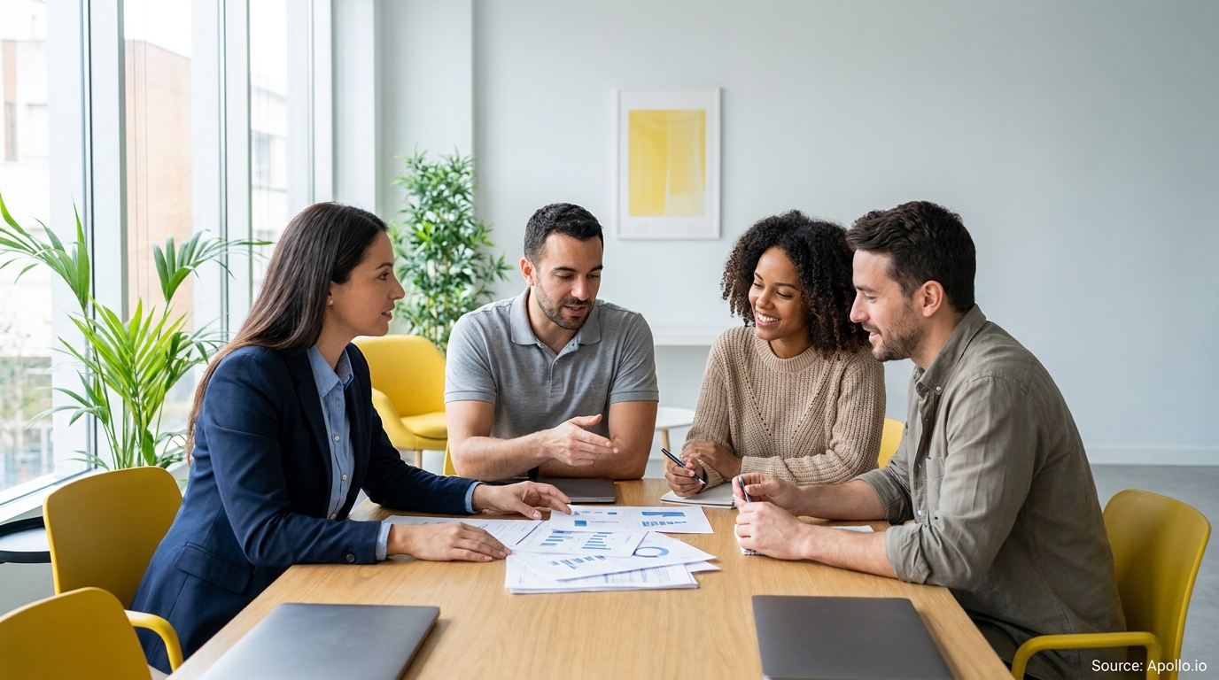 Four professionals collaborate on a project, reviewing charts at a modern office table.