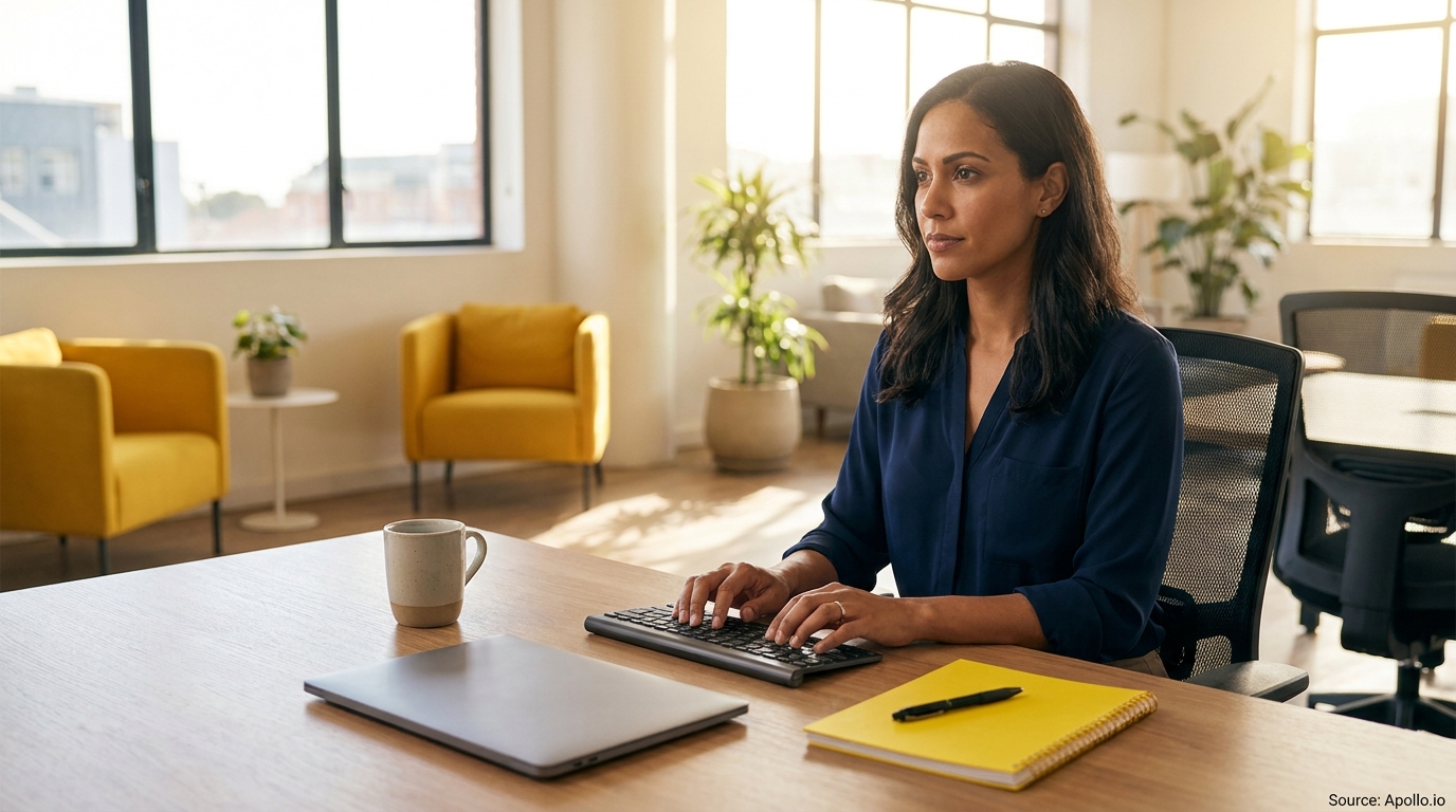 Woman typing on a keyboard at a desk in a bright office.