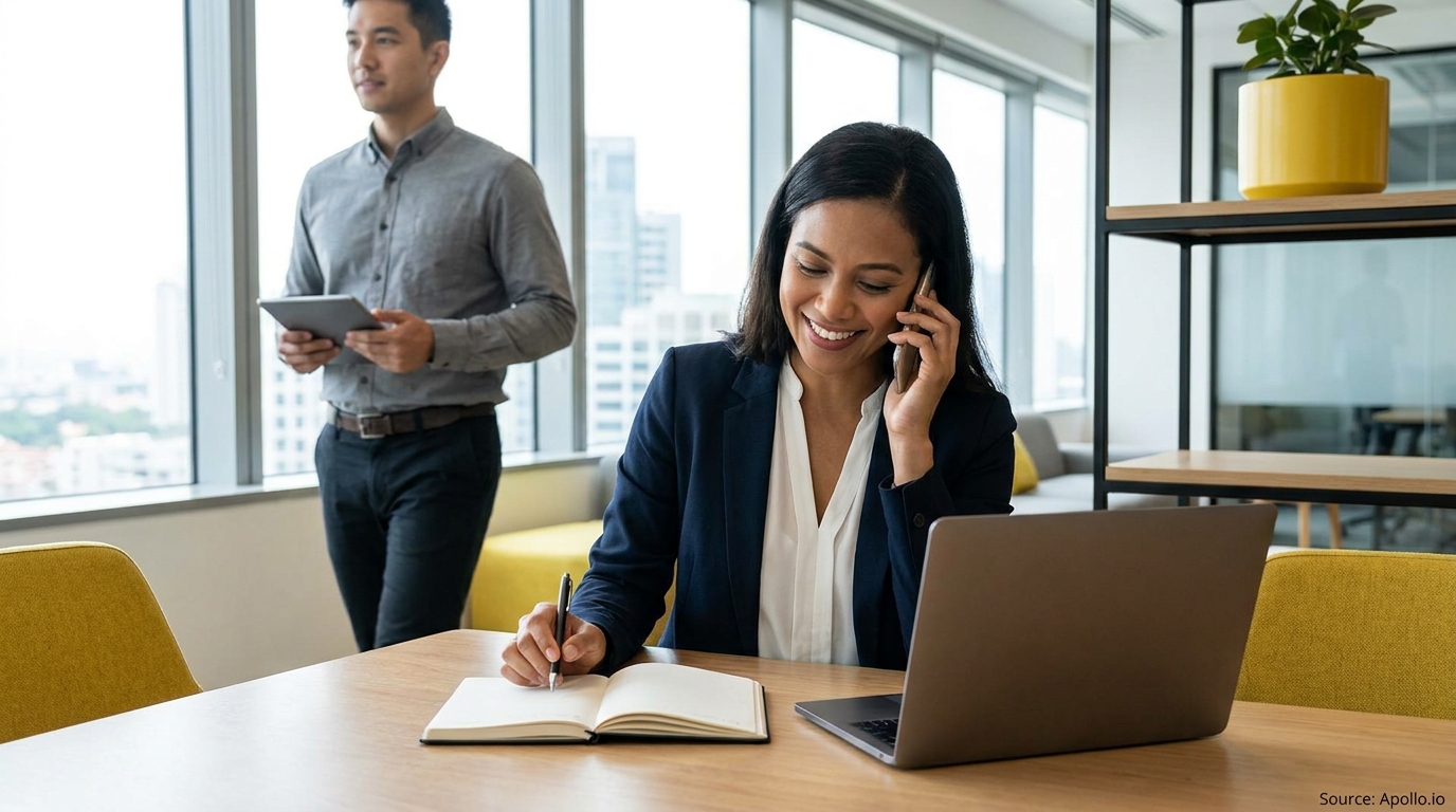 Smiling woman on phone writes at desk; man with tablet stands in modern office.