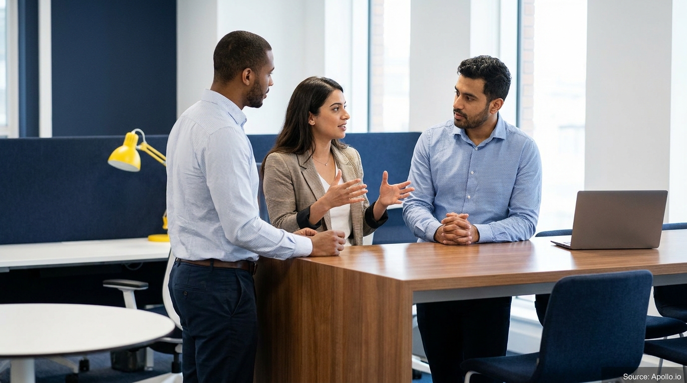 Three colleagues conversing and gesturing around a wooden office table.