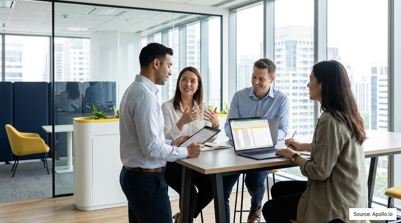 Four diverse professionals discuss work around a table with a laptop and tablet in a modern office.