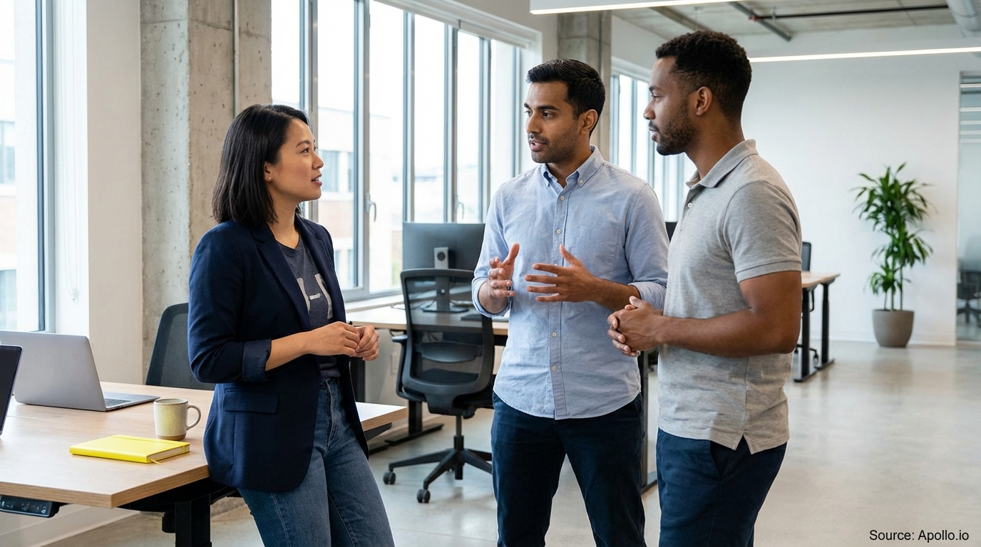 Three people conversing and gesturing in a bright, modern office.
