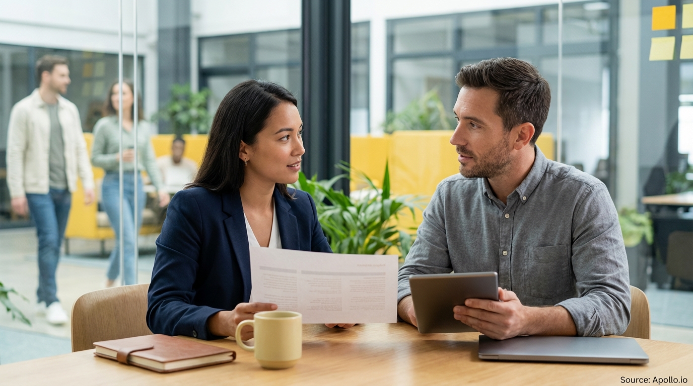 Two colleagues discuss documents and a tablet at a modern office table.