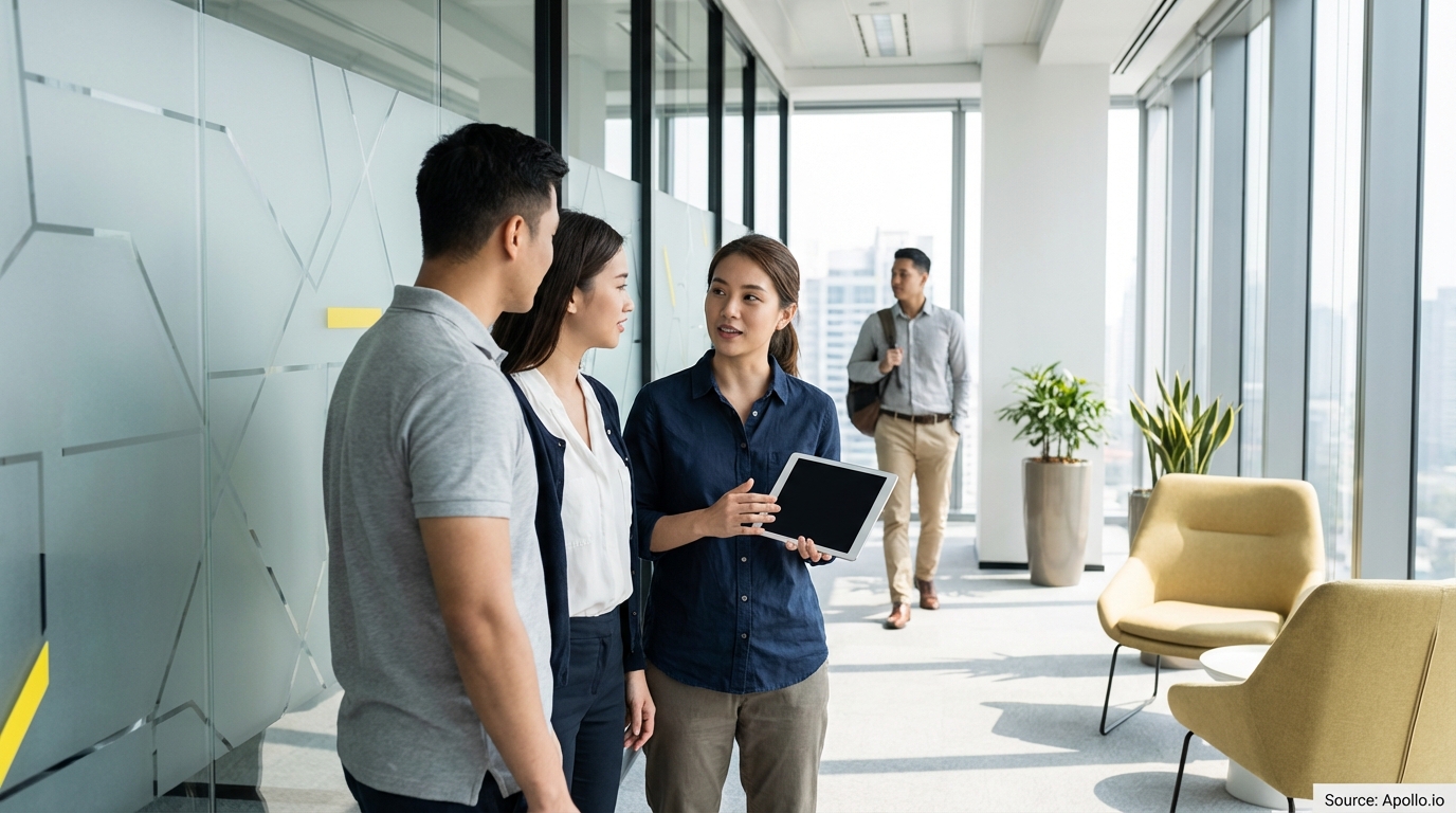 Four professionals interact in a bright, modern office hallway, three talking in the foreground, one walking behind.
