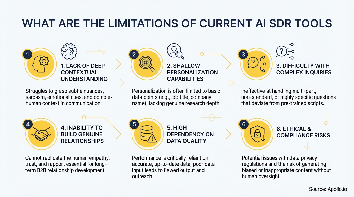 Infographic listing six limitations of current AI SDR tools, each with an icon and descriptive text.