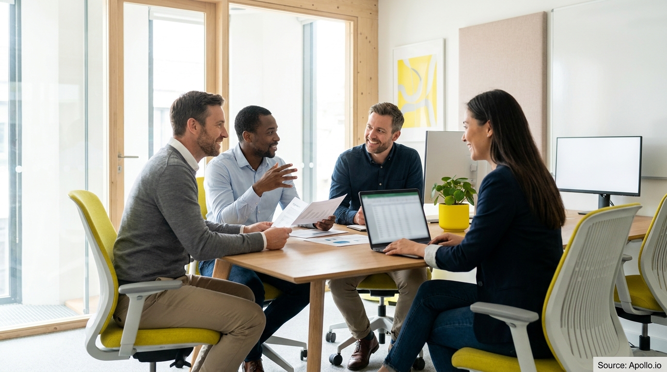 Four professionals collaborate on documents and a laptop at a modern office table.