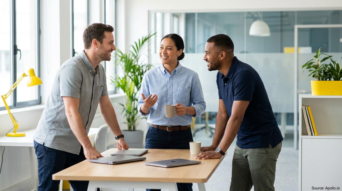 Three professionals discussing at a modern office table with laptops.