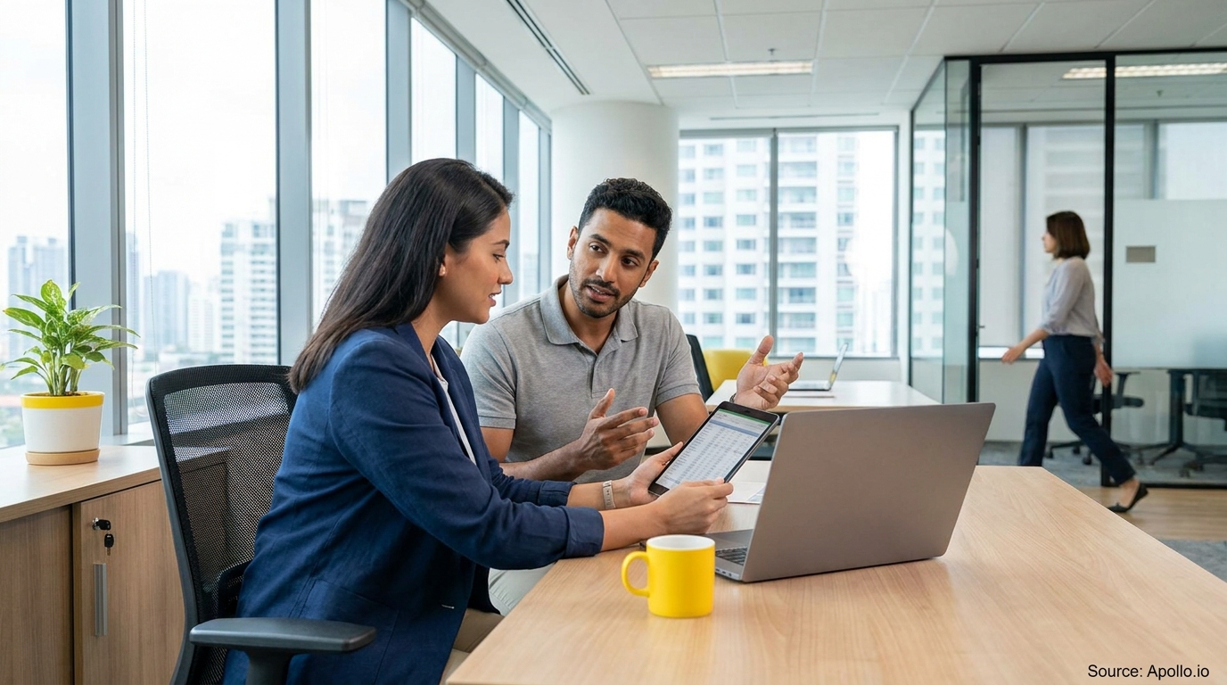 Two colleagues seated at an office desk discuss content on a tablet, with a third person walking.