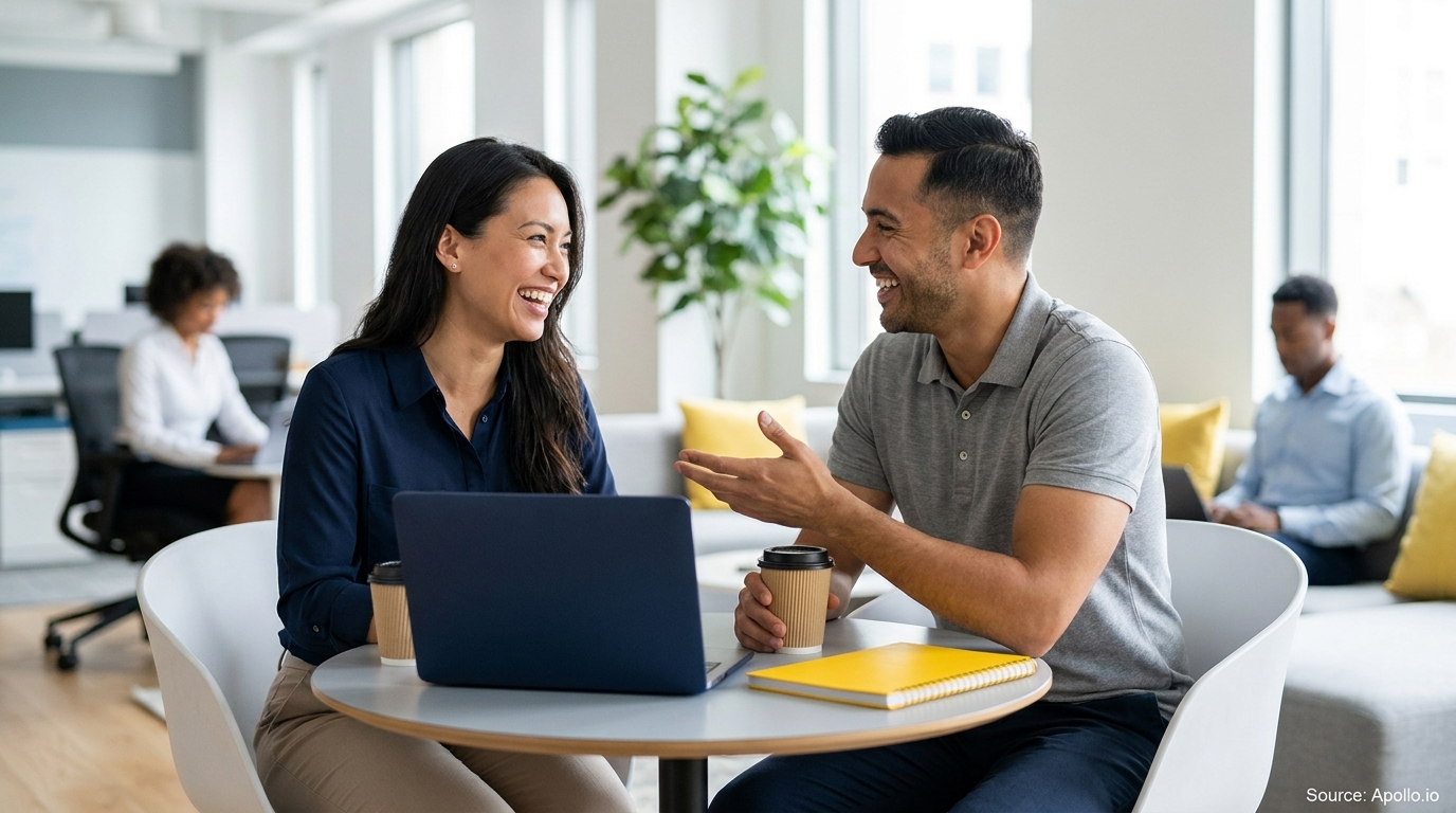 Two smiling coworkers talk across a laptop at a table in a bright office.