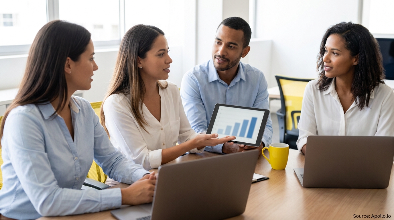 Four colleagues discuss a bar graph on a tablet at an office table.