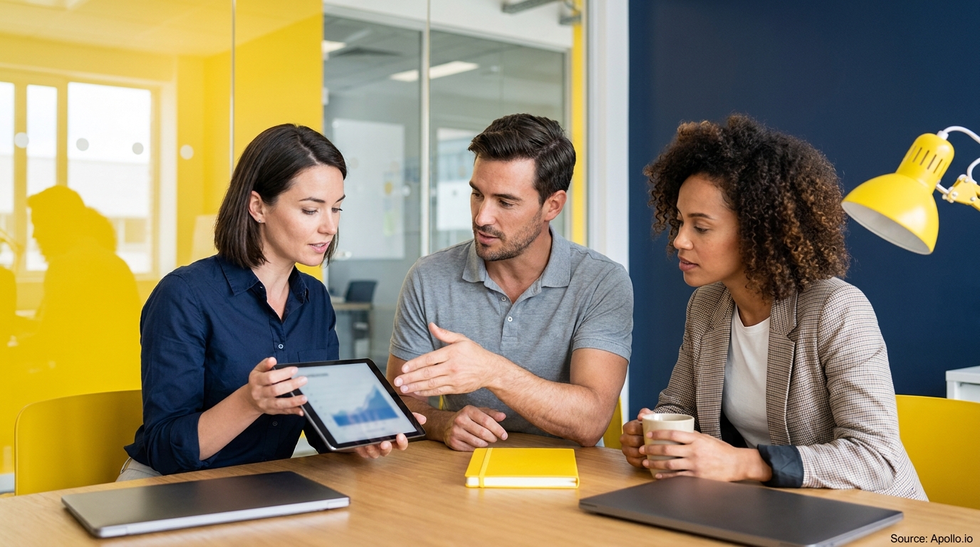 Three professionals discuss charts on a tablet in a modern office.