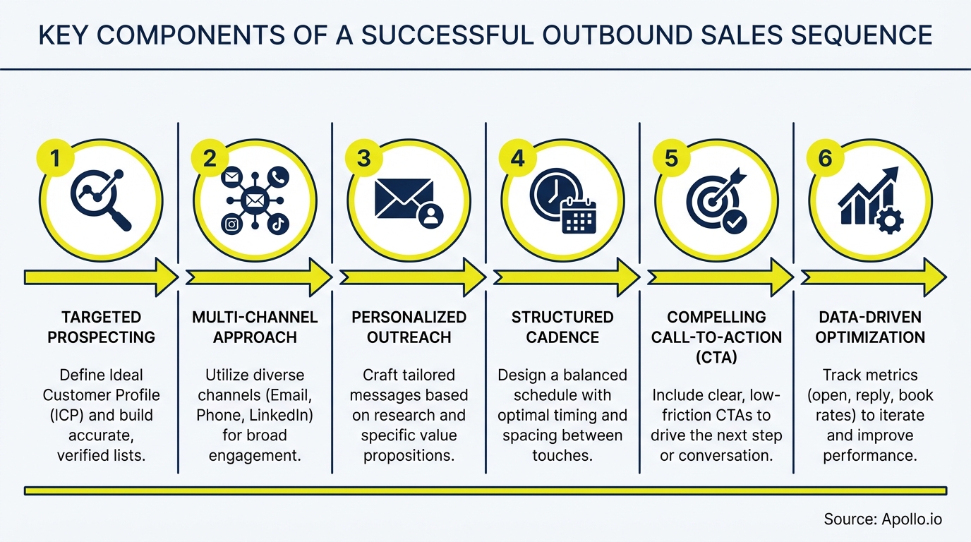 A 6-step infographic with icons and descriptions outlining the key components of a successful outbound sales sequence.