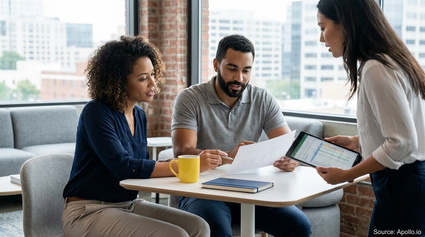 Three professionals discuss documents and a tablet at a modern office table with a city view.