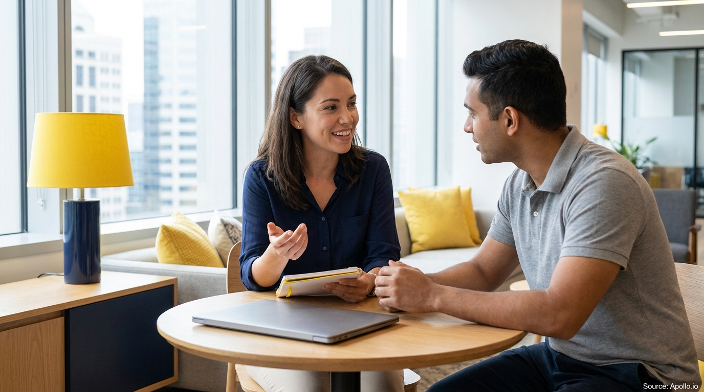 Two professionals discuss at a modern office table with a city view.