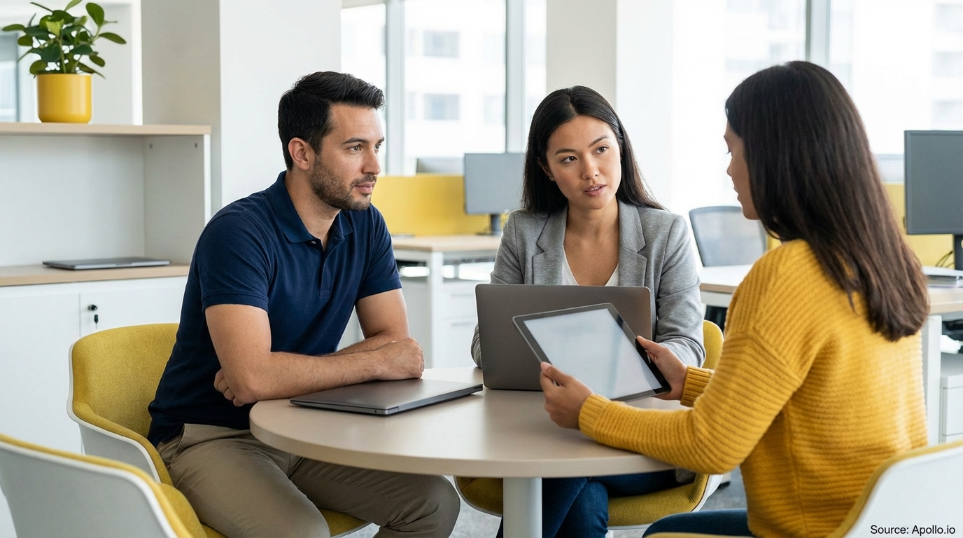 Three people discussing work at a table in a bright modern office.
