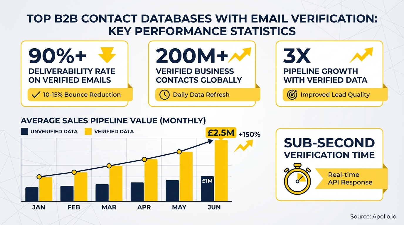 Infographic displays key performance statistics and a sales pipeline chart comparing verified and unverified data.
