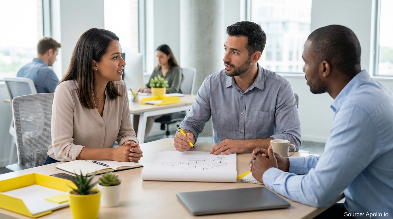 Three business professionals discussing a flowchart at a modern office table.