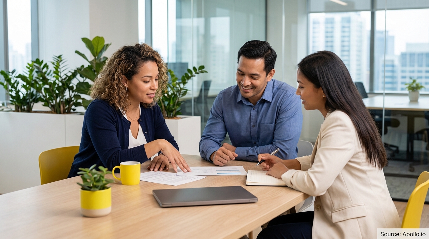 Three professionals review documents and take notes at a modern office table.
