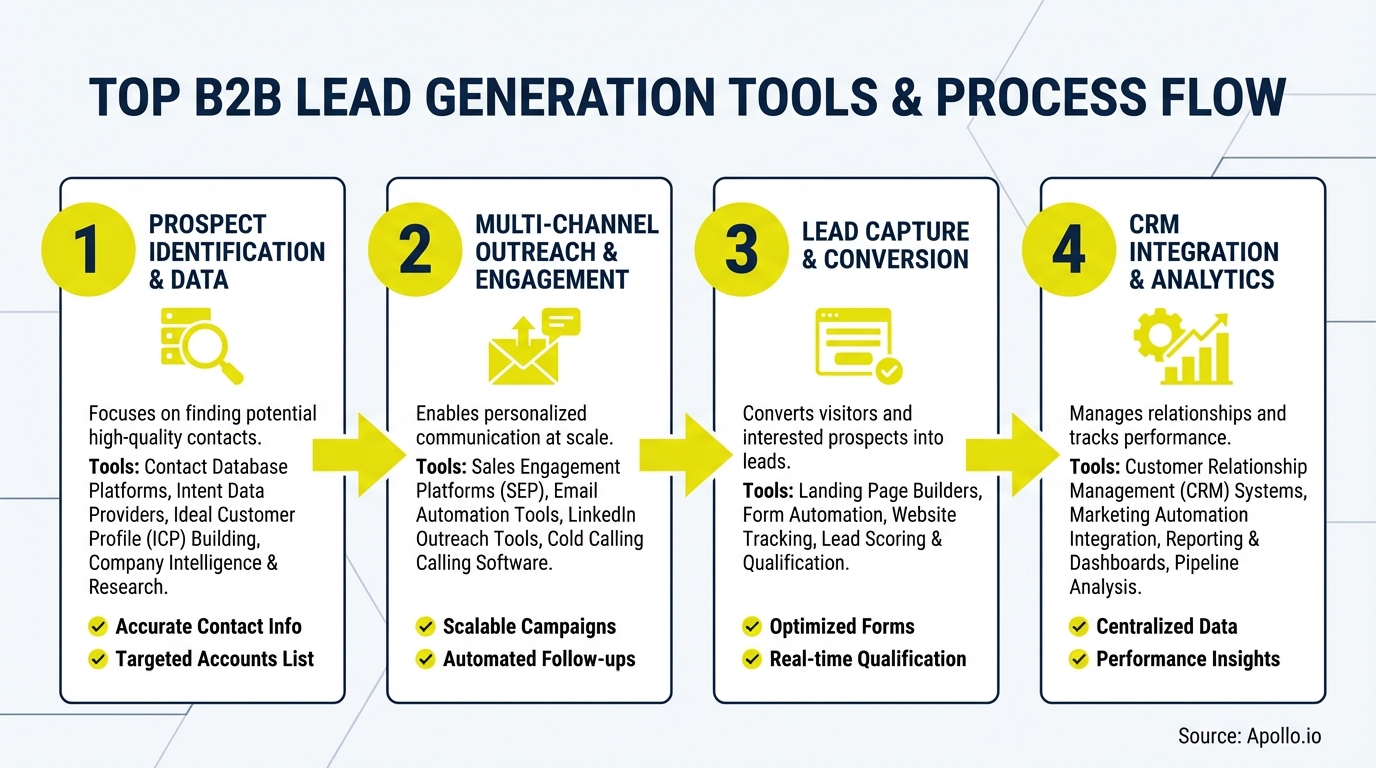 Four-step diagram outlining B2B lead generation tools and their sequential process flow.