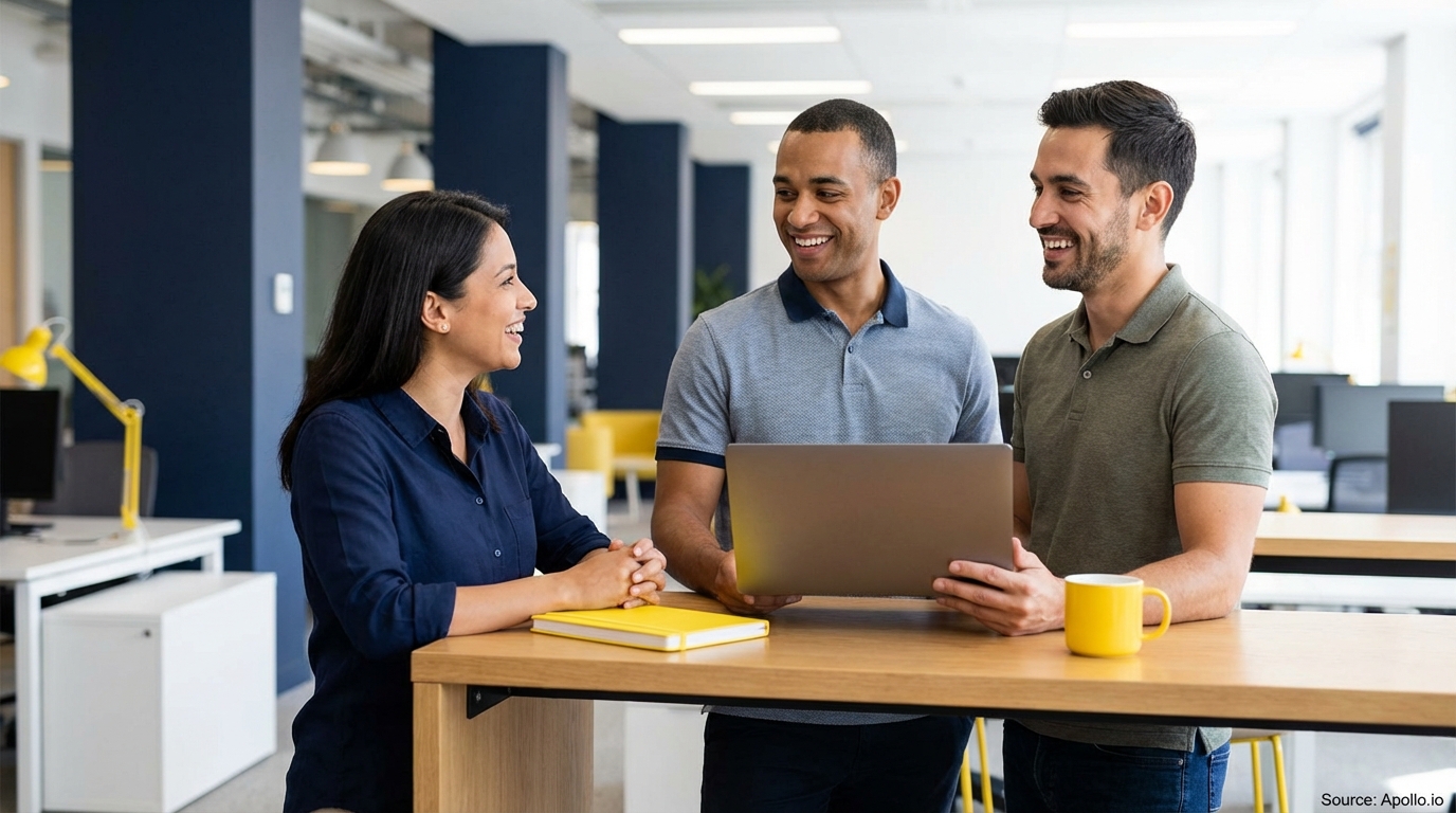 Three smiling colleagues collaborate at a modern office table with a laptop and notebook.