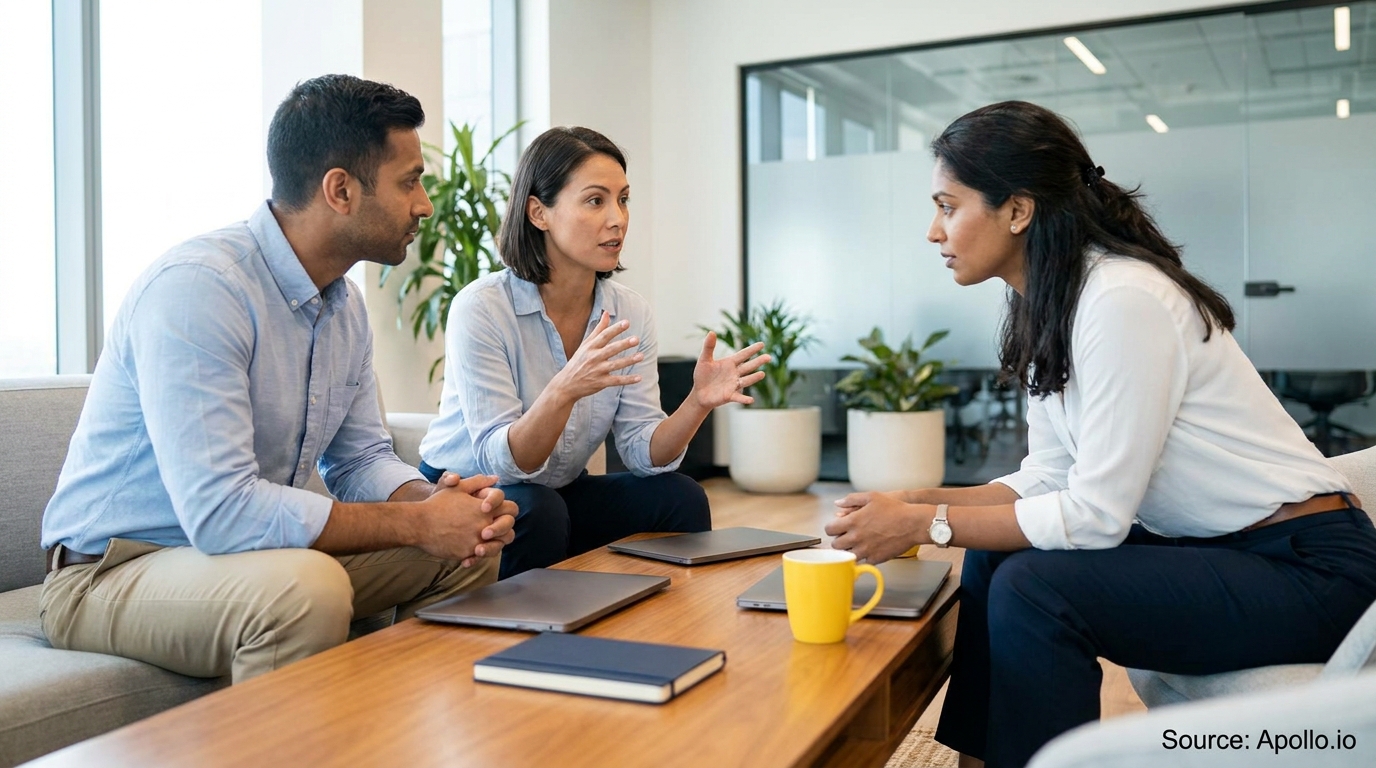 Three professionals discussing around a coffee table in a modern office lounge.