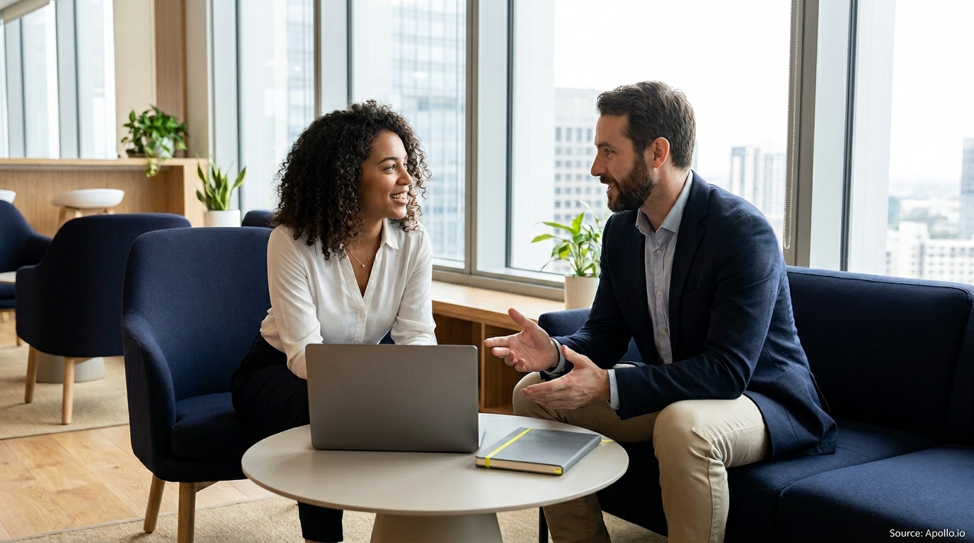 Two professionals in conversation with a laptop in a modern office lounge.