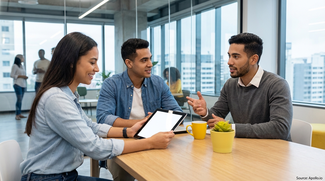 Three professionals collaborate at a modern office table, viewing a tablet.