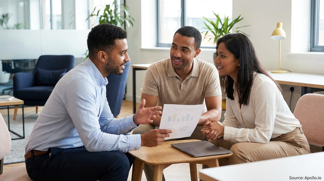 Three colleagues discuss a business report with charts in a bright office.
